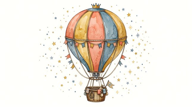 An artistic watercolor illustration of a hot air balloon with decorative flags and a crown. The balloon is adorned with festive streamers and surrounded by twinkling stars.