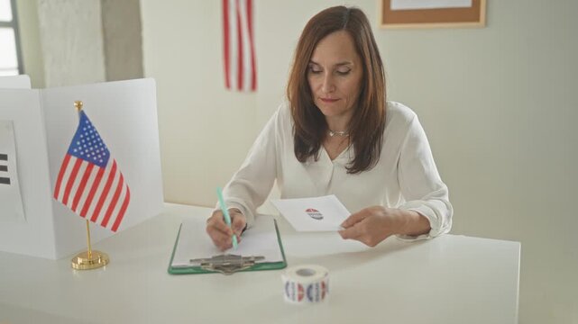Woman handing ballot envelope across table in polling building, pen on clipboard and small usa flag visible; civic pride.