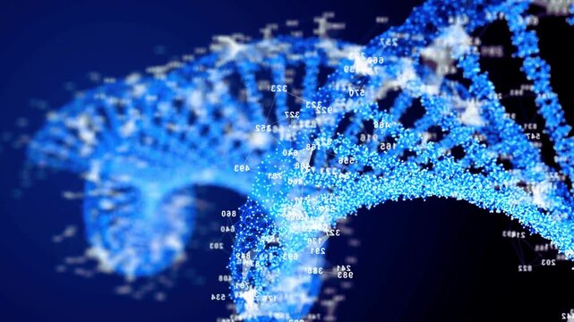 Rotating digital DNA strand model with numerical data overlay representing genetic code and research genetics biology science blue glowing molecule