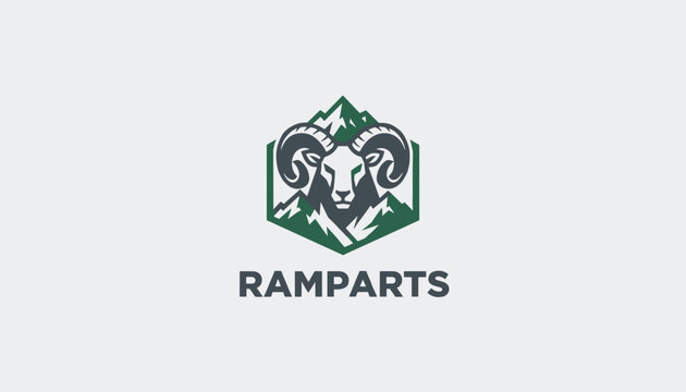 Stylized geometric ram head profile logo with mountain peaks background and the brand name text ramparts.