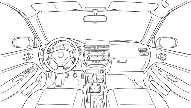 Car interior dashboard and steering wheel front seat view vector hand drawn outline sketch illustration