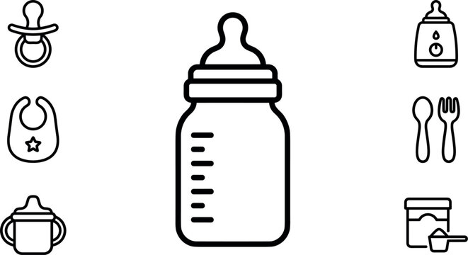 Baby Feeding and Care Line Icon Set with Large Milk Bottle Pacifier Bib Sippy Cup Bottle Warmer Spoon Fork and Formula Powder