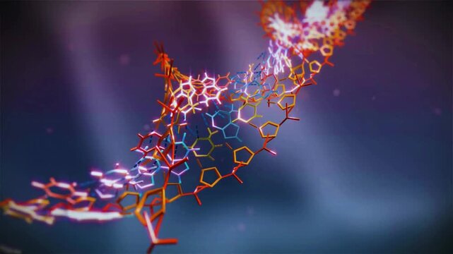 Abstract scientific animation showing complex molecular structures and chemical bonds rotating against a dark background DNA strand molecular structure genetics concept biology