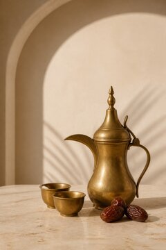 Traditional brass Arabic coffee pot with small cups and dates on a sunlit table. Middle Eastern hospitality, Ramadan gathering, cultural still life, and festive beverage concept.