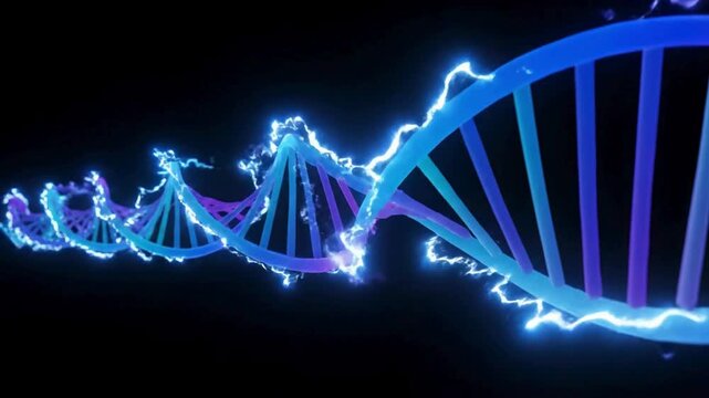 Futuristic glowing DNA double helix strand rotating with electrical energy and light pulses on black background biology graphic medical science microscopic view genetics biology
