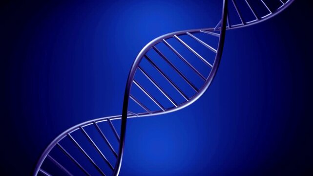 Elegant metallic DNA double helix rotating gracefully against a gradient blue background for medical research DNA strand genetics concept biology research molecular model rotating