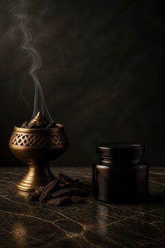 Ornate brass incense burner with rising smoke beside dark aromatic wood on a marble table. Luxury fragrance ritual, meditation, relaxation, and spa still life with copy space.