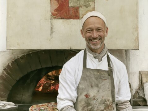 Smiling Mature man posing at an Italian Restaurant near a pizza brick oven	