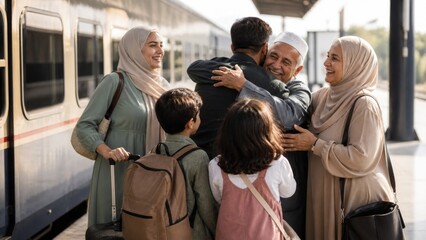 Obraz premium Muslim family joyfully reunites at a train station as an elderly man embraces a younger man, surrounded by women and children with luggage. Family travel and reunion concept.