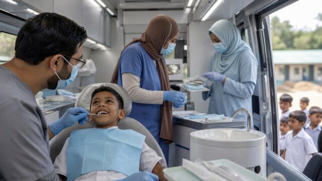 Male dentist treating smiling boy during mobile dental clinic visit with female healthcare workers. Community oral health care, pediatric dentistry, hygiene education and accessible medical service.