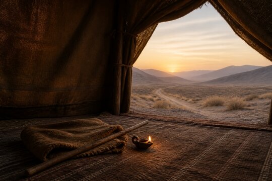 Interior of a traditional desert tent overlooking a mountain valley at sunset. Cozy nomadic shelter with candlelight, blanket, walking stick, and peaceful travel concept.