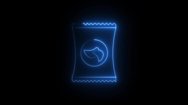 neon Potato chips snack bag icon on black background. perfect for food packaging design. 4k video