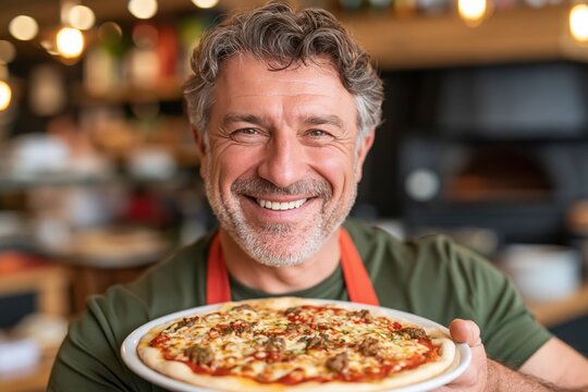 Smiling Mature man posing at an Italian Restaurant near a pizza brick oven	