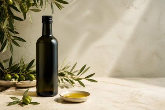 Olive oil bottle with fresh olives and dipping dish on rustic table. Mediterranean cooking ingredient with natural botanical styling and copy space for food branding