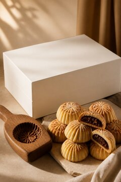 Traditional filled pastry arranged beside a blank white gift box and wooden mold, warm food styling for bakery packaging, festive celebration, dessert presentation, and seasonal greeting card design