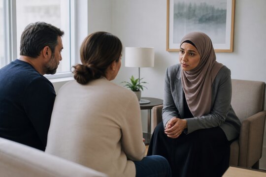 Woman therapist counseling couple during a serious conversation at home. Relationship support, mental health consultation, communication and emotional wellbeing concept.