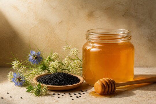 Jar of honey with wooden dipper, black seed in bowl, and nigella flowers on rustic surface. Natural food, wellness, herbal remedy, and healthy lifestyle concept with copy space.
