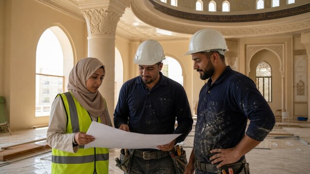 Muslim woman architect and two male construction workers reviewing building plans inside an ornate mosque. Architecture, renovation, teamwork, engineering and project management concept.