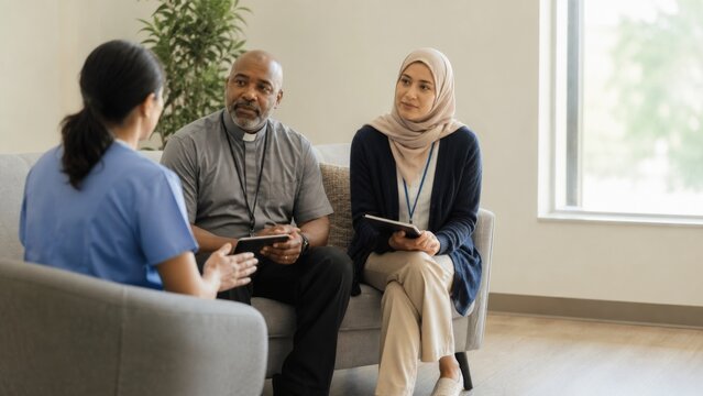Woman counselor speaking with male pastor and Muslim woman during an interfaith support meeting. Community care, spiritual counseling, religious diversity, and inclusive social work concept.