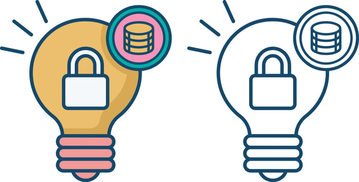 Intellectual property and database security concept vector icon featuring light bulb with padlock and database server in color and outline