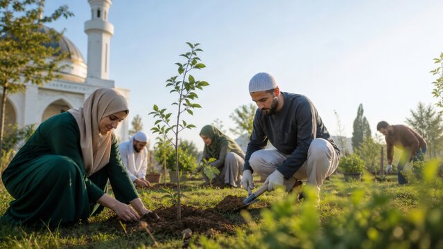 Muslim woman and man planting a young tree near a mosque. Community gardening and environmental stewardship expressing faith, sustainability, volunteer service, and collective care for nature.