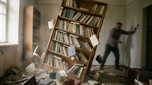 Falling bookshelf during earthquake. A man braces against the wall as a tall wooden bookcase tips over, sending books flying through dusty air in a shaking room.