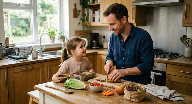 Vater bereitet eine Mahlzeit f&uuml;r sein Kind zu