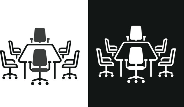 Vector silhouettes of office conference tables with chairs in light and dark themes for workspace and collaboration design