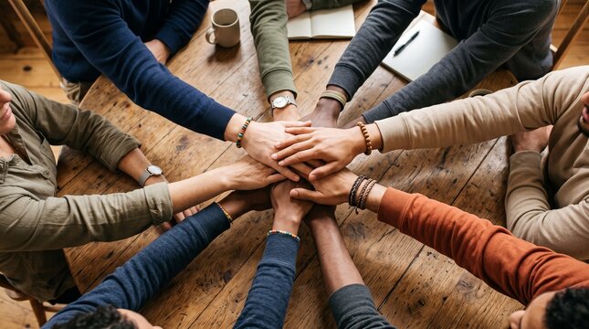 A diverse group of people putting their hands together in a stack on a wooden table, symbolizing unity, teamwork, and collaboration.