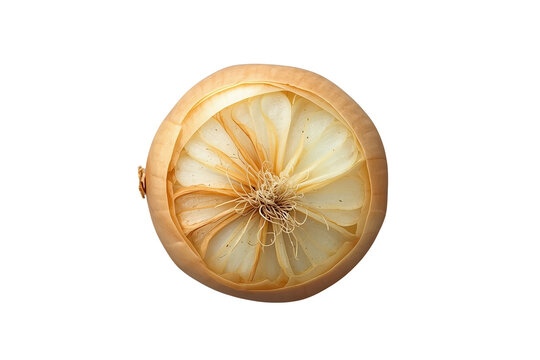 Yellow onion viewed from root end with visible layers