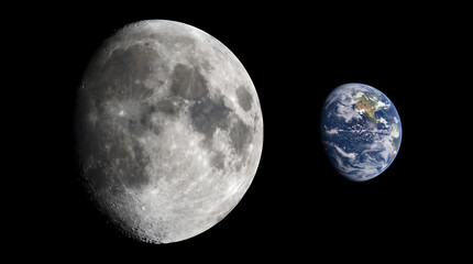 Fototapeta premium The moon and earth floating in deep space against a dark background