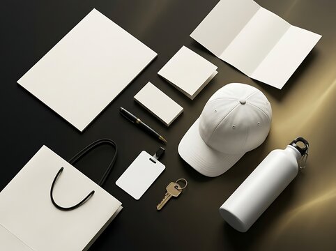 Blank stationery mockup with white baseball cap water bottle and accessories on dark background