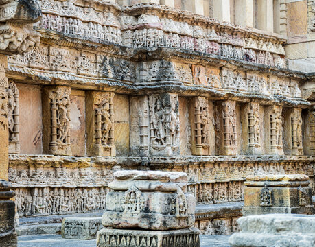Stone carving of famous 11th century stepwell Rani ki Vav located in Patan Gujarat