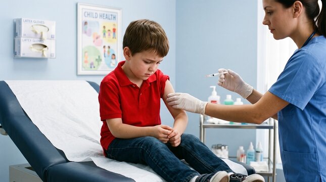 A young boy in a red shirt receives a vaccine injection from a healthcare professional in a clinic setting.