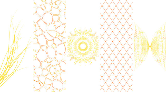 Collection of five vertical patterns and textures on a white background, including organic shapes, a mandala, a grid, and a wireframe structure