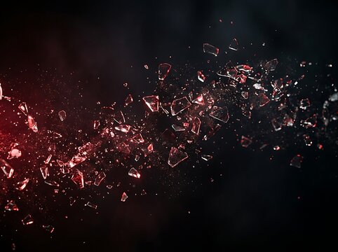 Shattered glass fragments exploding in a dynamic spray of red light against a dark background