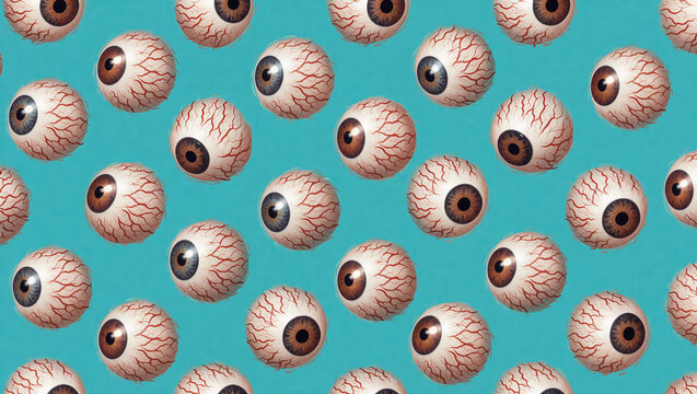Seamless pattern of bloodshot eyeball on blue background. Detailed iris and pupil anatomy for spooky horror theme. Surreal anatomical wallpaper texture