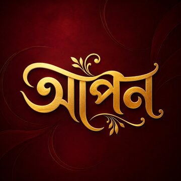 Bengali calligraphy text in gold 3D style, elegant Apon word on dark red background, luxury floral typography for invitation