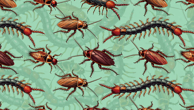 Detailed seamless pattern featuring a brown cockroach and centipede on green background. This illustrative insect print is ideal for pest control branding