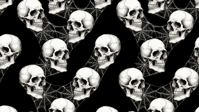 Gothic seamless pattern featuring hand-drawn human skull and spiderweb on black background. Dark macabre aesthetic for textile and wallpaper design