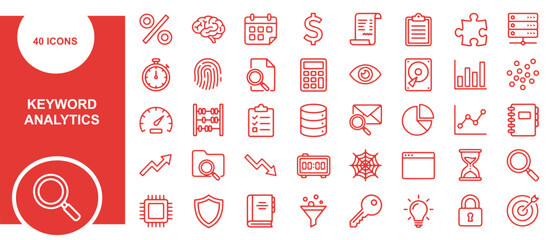 Professional set of forty flat outline icons for data keyword analytics and business management information systems © MDABDUS