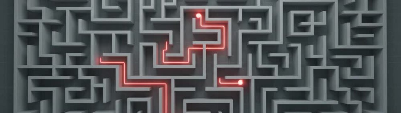 Problem solving and strategy concept glowing red path finding a way through a complex grey maze overhead view of logical thinking and business challenge.