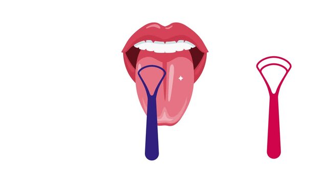 Halitosis prevention. Before and after tongue cleaning. Clean tongue throat cleaner scraper in mouth. Animation video