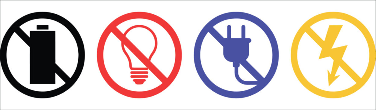 Electricity safety icon set, lightning prohibition, blackout and power outage warning symbols for electrical hazard prevention, emergency awareness and protection