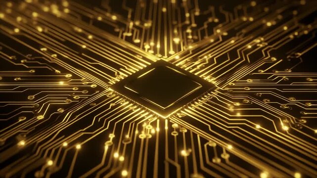 Futuristic golden microchip on a complex circuit board representing advanced technology and digital computing power