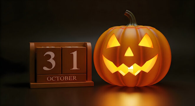 A glowing carved jack o lantern pumpkin beside a wooden calendar showing the date halloween oct0ber 31 night