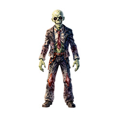 Fototapeta premium A creepy zombie wearing a tattered suit and tie stands on a white background