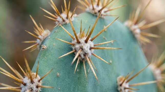 Macro Close-up of Sharp Yellowish Spines and Fuzzy Areoles on a Green Prickly Pear Cactus Pad