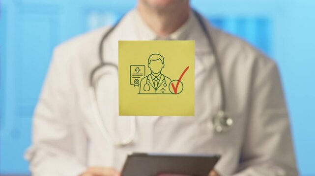 Doctor in a white coat holding a sticker with a drawing of a certified medical professional, representing the importance of choosing a qualified doctor and having proper health insurance