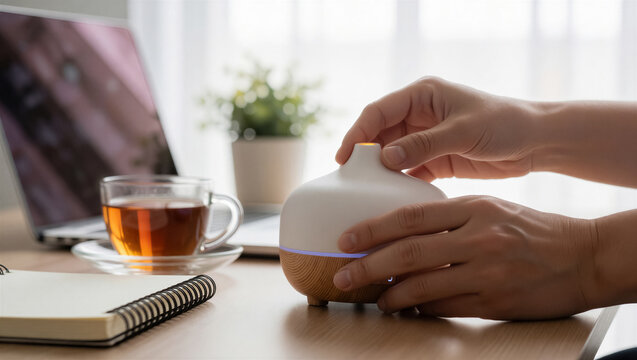 Hand touching an essential oil diffuser on a wooden desk with a laptop and tea. This scene captures a cozy home office atmosphere focused on wellness